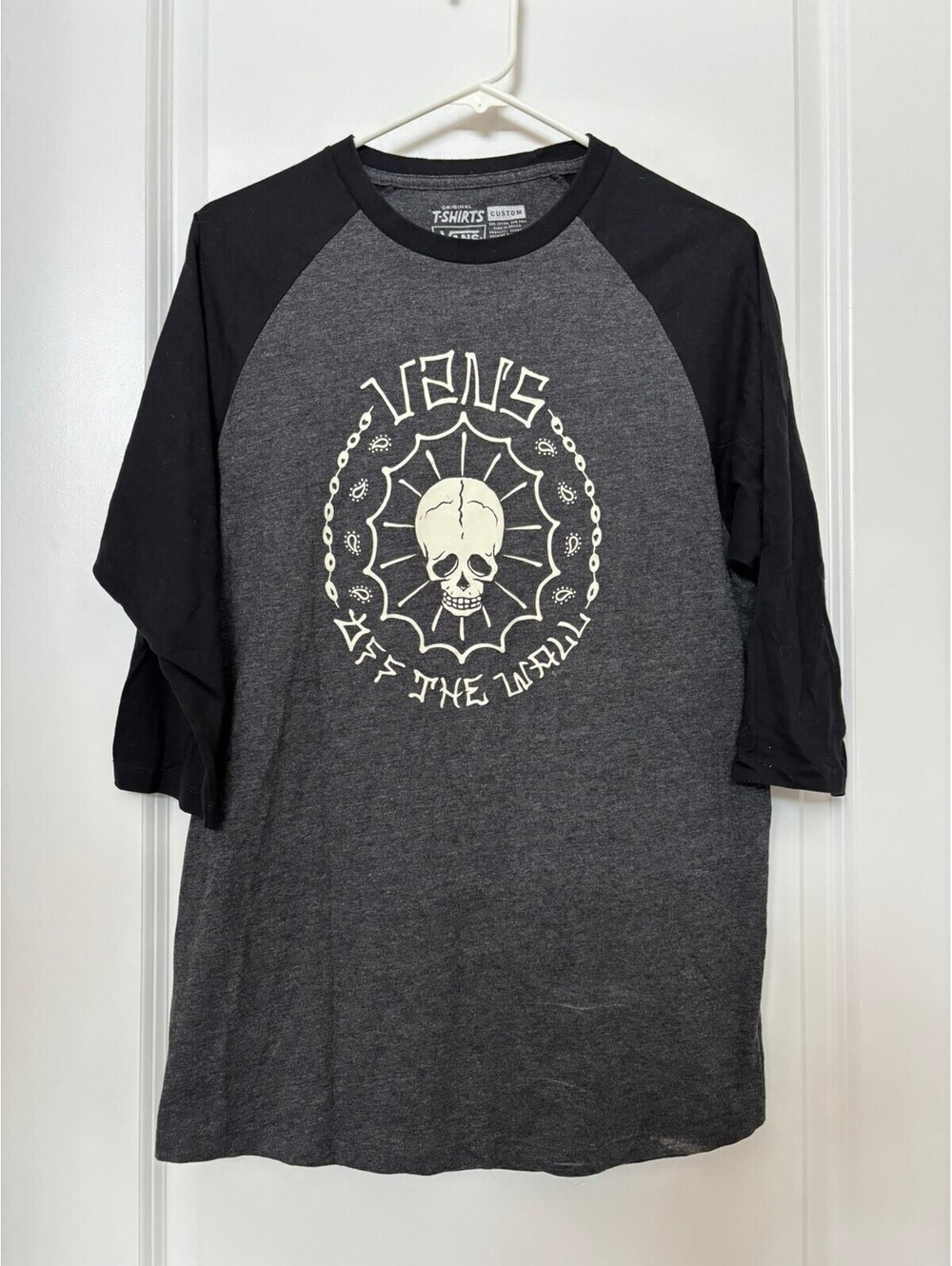 Vans Off The Wall Skull Raglan Baseball Shirt Mens Large 3/4 Sleeve Custom